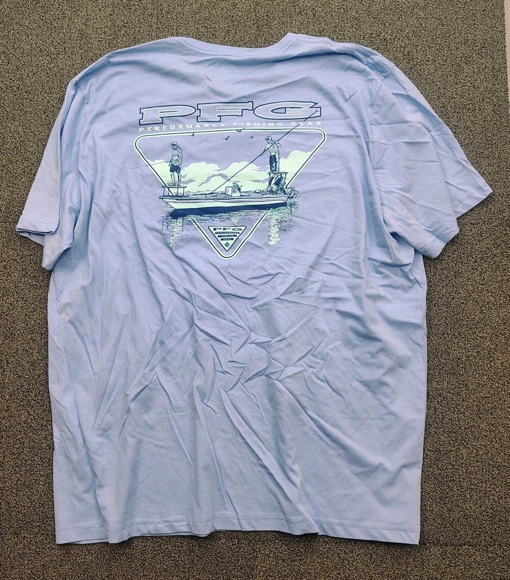 New Columbia PFG Tshirt Mens Size 2XT Blue Short Sleeve Fishing Gear Boat